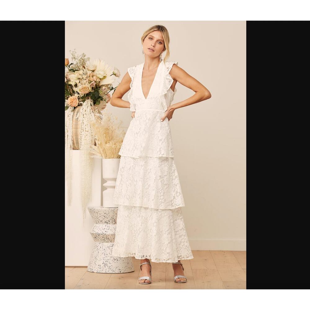 Sold Out NWT Lulus Molinetto White Lace Ruffled Tiered Maxi‎ Dress Bridal Bride